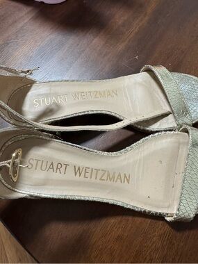 Stuart Weitzman Beige Snake-Embossed Open-Toe Slingbacks